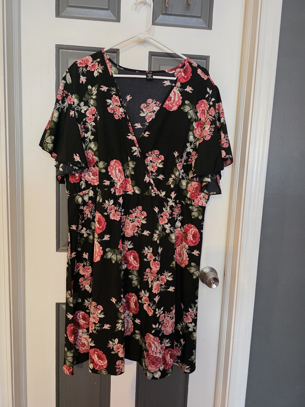 SHEIN Black Midi Dress with Pink Rose Floral Print